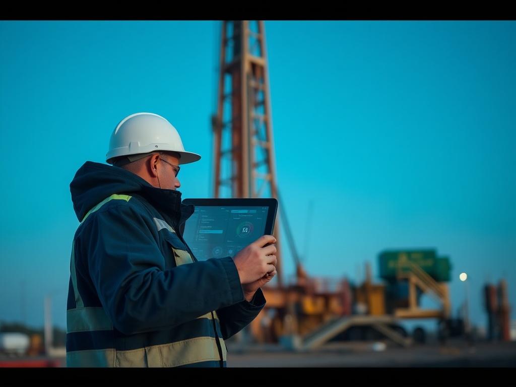 A realistic high-resolution photo of a well drilling site with a digital assistant interface displayed on a tablet, set in a cool-toned environment featuring rich blues and soft grays. The image should show a safety officer using the tablet to monitor safety protocols, with drilling equipment in the background under a clear blue sky.