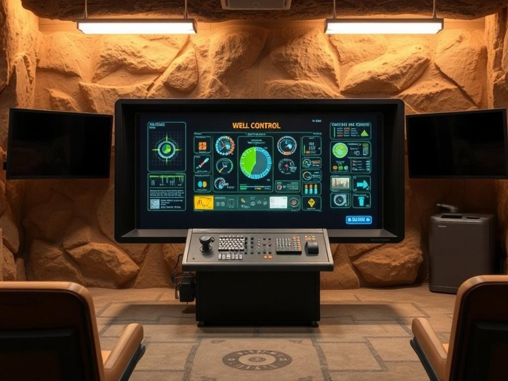 A realistic high-resolution image of a well control simulator displayed in a training room. The simulator should have a user-friendly interface with various controls and gauges visible. The background should feature natural tones and earthy textures, creating a grounded and rustic aesthetic. The lighting should be soft and inviting, emphasizing the simulator as the focal point of the image.