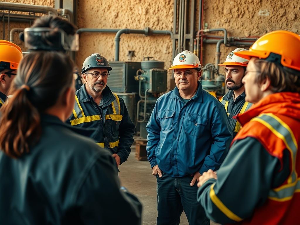 A realistic high-resolution photo of a safety training session in an industrial setting. The scene shows a diverse group of professionals attentively engaging in a training exercise focused on well control techniques. The background features earthy textures with equipment and safety gear visible, creating a grounded and rustic aesthetic. The lighting is natural and warm, highlighting the participants' expressions of concentration and commitment to safety.