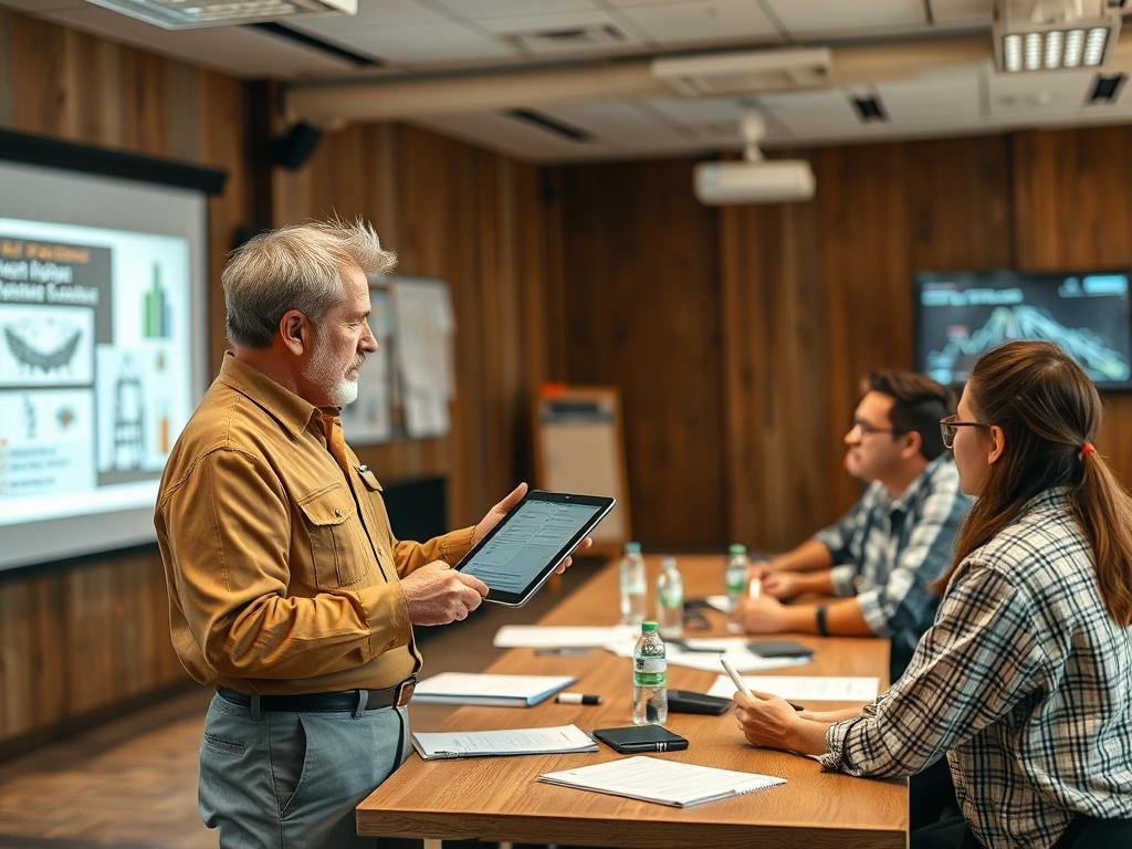 A realistic high-resolution photo of a professional instructor conducting a training session in a modern training room, featuring participants engaged in learning about oil and gas drilling techniques. The room is well-lit, with natural tones and earthy textures. The instructor is demonstrating with a digital tablet, while participants are taking notes. The background includes training materials and a projector displaying relevant graphics, creating an immersive learning environment.