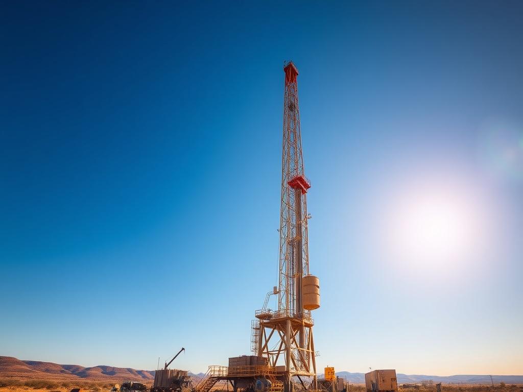 A realistic high-resolution photo of a drilling rig set against a clear blue sky. The drilling rig should be the focal point, showcasing its towering structure, with various equipment and machinery visible. The background should have a natural landscape with earthy textures, like distant hills and a few trees, to complement the rustic aesthetic. The lighting should be warm and inviting, highlighting the details of the rig while maintaining a grounded feel.