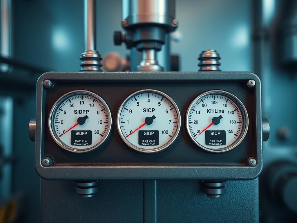Create a realistic high-resolution image of a drilling control panel featuring gauges for SIDPP, SICP, and Kill Line Pressure. The background should be a cool-toned environment with shades of rich blues and soft grays, emphasizing the advanced technology used in well control training. The panel should be the only subject in the image, clearly showcasing the gauges and their readings.