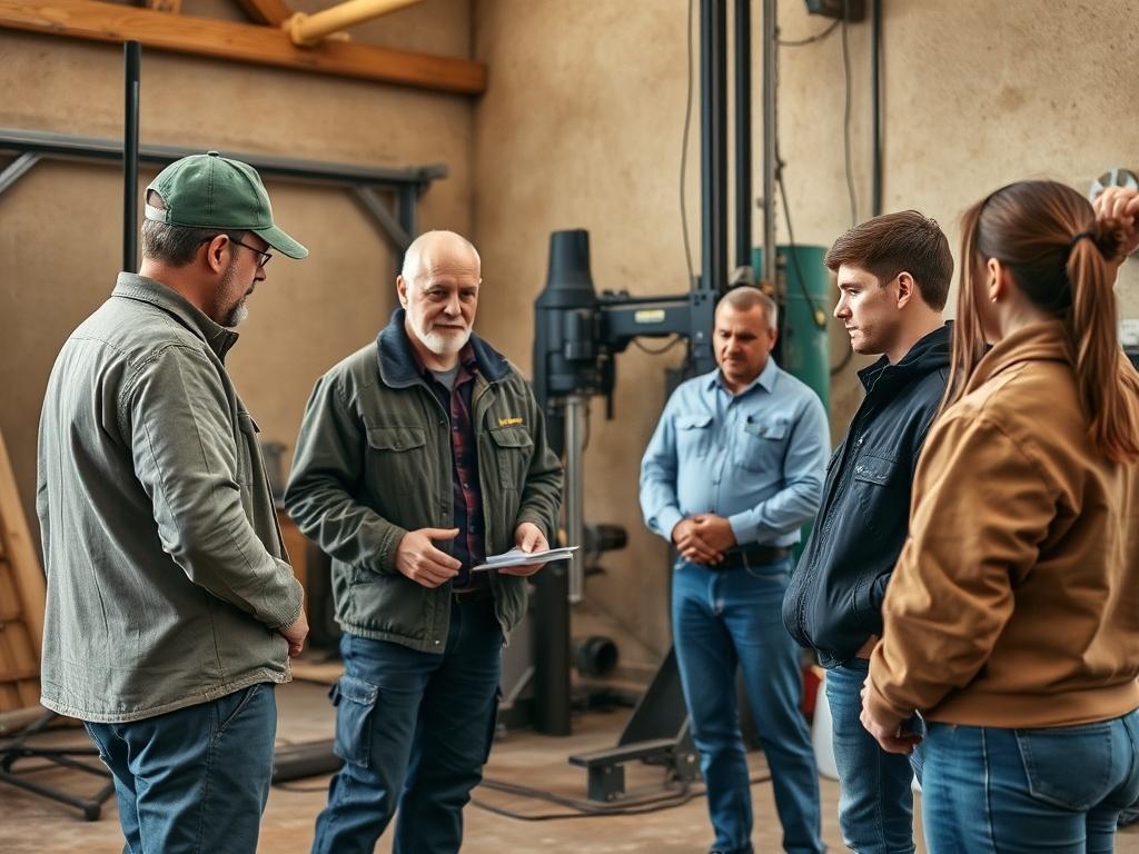 A realistic high-resolution photo of a drilling training session, featuring a knowledgeable instructor guiding a small group of attentive trainees. The setting is a well-equipped training room with drilling equipment in the background. Natural tones dominate the scene, with earthy textures enhancing the rustic aesthetic. The composition should focus on the instructor and trainees, capturing their engagement and dedication to learning. Soft lighting should create a warm and inviting atmosphere.
