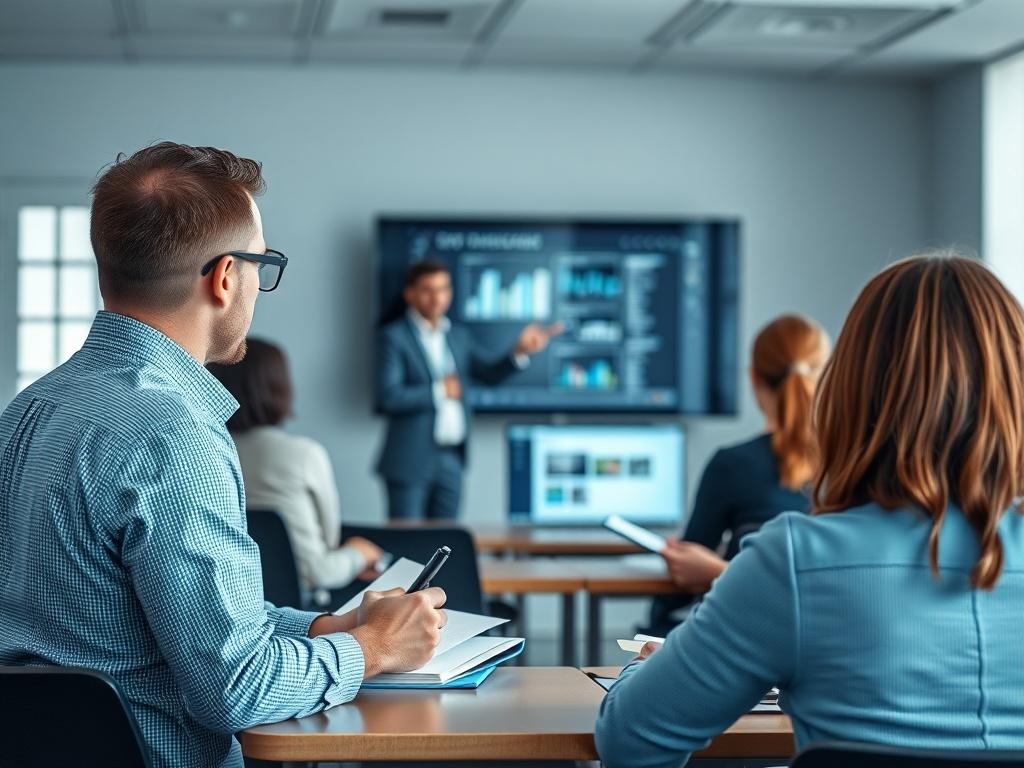 A high-resolution photo of a training session in a modern classroom setting. The image should show a single instructor engaging with a group of participants. The instructor is using a digital presentation, and participants are taking notes and interacting. The background should feature cool-toned colors, particularly rich blues and soft grays, creating a professional atmosphere. The composition should be clear and focused on the instructor with the group in the background.