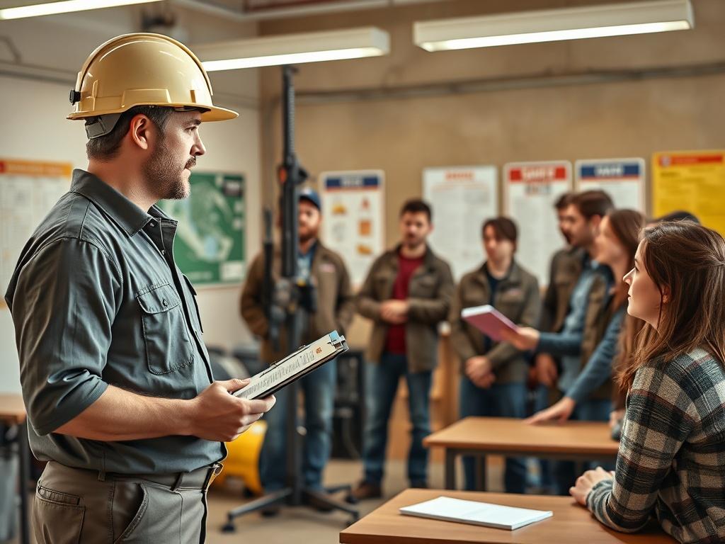 A professional trainer in a well-lit classroom setting, demonstrating a drilling safety technique to a small group of attentive trainees. The trainer is wearing a safety helmet and holding a clipboard, while the trainees are engaged and taking notes. The background features realistic training equipment and safety posters, with earthy tones and textures to create a grounded, rustic aesthetic. The overall composition should convey a sense of professionalism and focus.