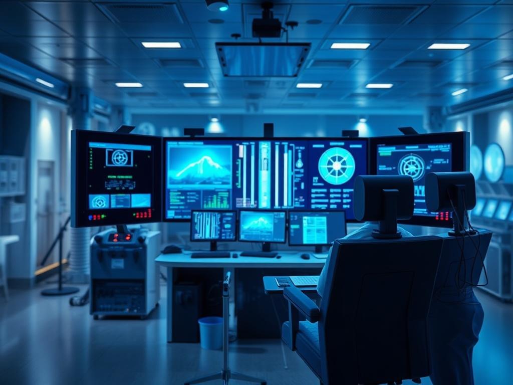 A high-resolution image showing a realistic simulator setup in a well-control training environment. The simulator should feature advanced screens displaying drilling data, surrounded by cool-toned colors of rich blues and soft grays. The background should be subtly blurred to emphasize the simulator as the main subject, illustrating a modern and high-tech training atmosphere.