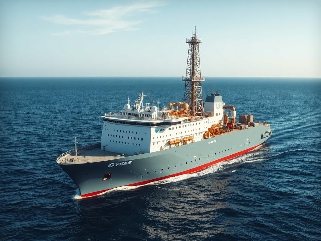 A realistic high-resolution photo of a modern 6th generation drill ship, prominently displayed in the foreground. The drill ship should be depicted in a cool-toned environment, showcasing shades of rich blues and soft grays. The background can feature a calm sea under a clear sky, emphasizing the technological advancements and safety in drilling operations. The lighting should be natural, highlighting the intricate details of the drill ship, while creating a professional and innovative atmosphere.