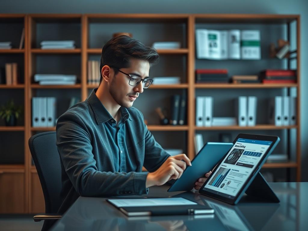A realistic high-resolution photo of a training material development session. A single professional sitting at a modern desk, engaging with a digital tablet displaying training content. The background should feature shelves with books and training materials, in a cool-toned environment with shades of rich blues and soft grays, creating a calm and focused atmosphere.
