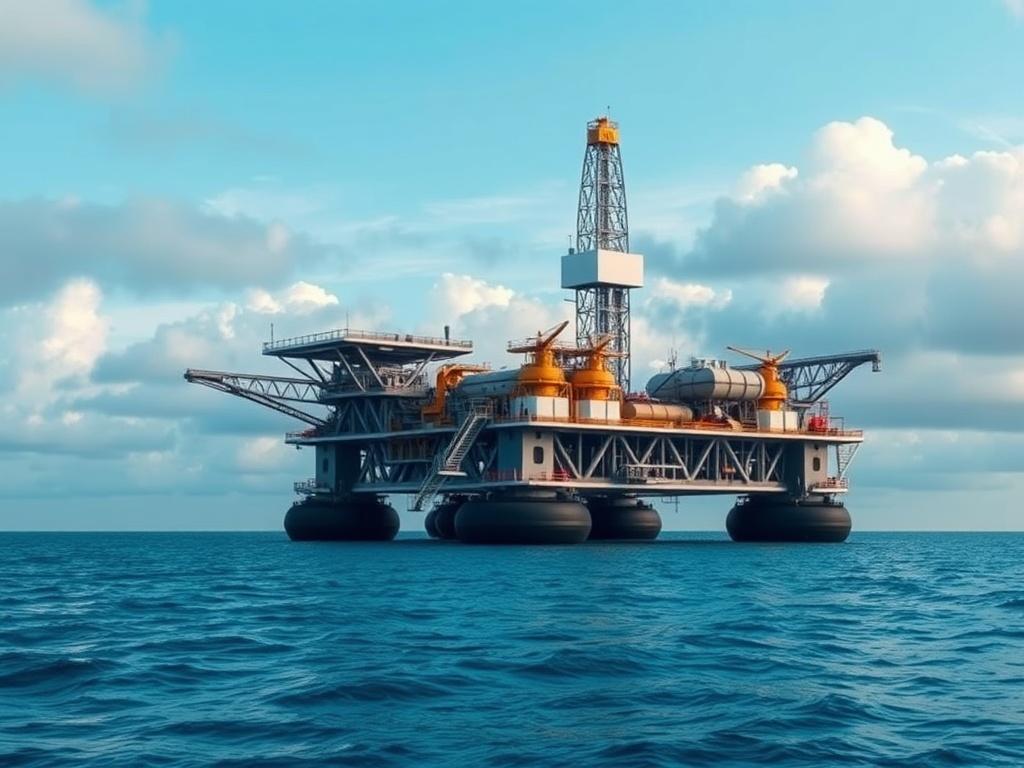 A realistic high-resolution photo of a modern drilling rig set against a serene backdrop of a clear blue sky and soft gray clouds. The rig should be the central focus, showcasing its intricate structure and equipment, with a calm sea in the foreground reflecting shades of rich blues. The overall atmosphere should convey a sense of safety and innovation in drilling operations, with the drilling rig symbolizing advanced technology and precision.