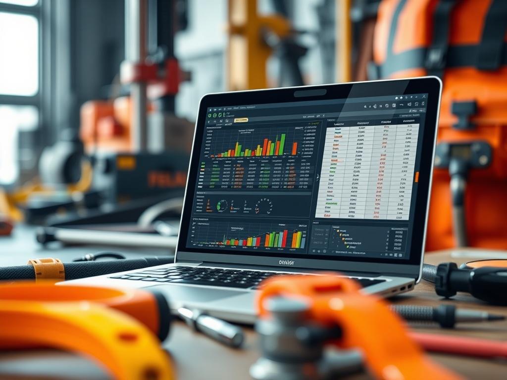 Create a hyper-realistic close-up image of a high-tech digital spreadsheet displayed on a laptop screen, surrounded by drilling equipment and safety gear in a well-lit, professional environment. The focus should be on the clarity of the spreadsheet, showcasing data and graphs, with a blurred background of drilling tools and machinery. The color scheme should incorporate the rgb(4, 104, 120) primary color.