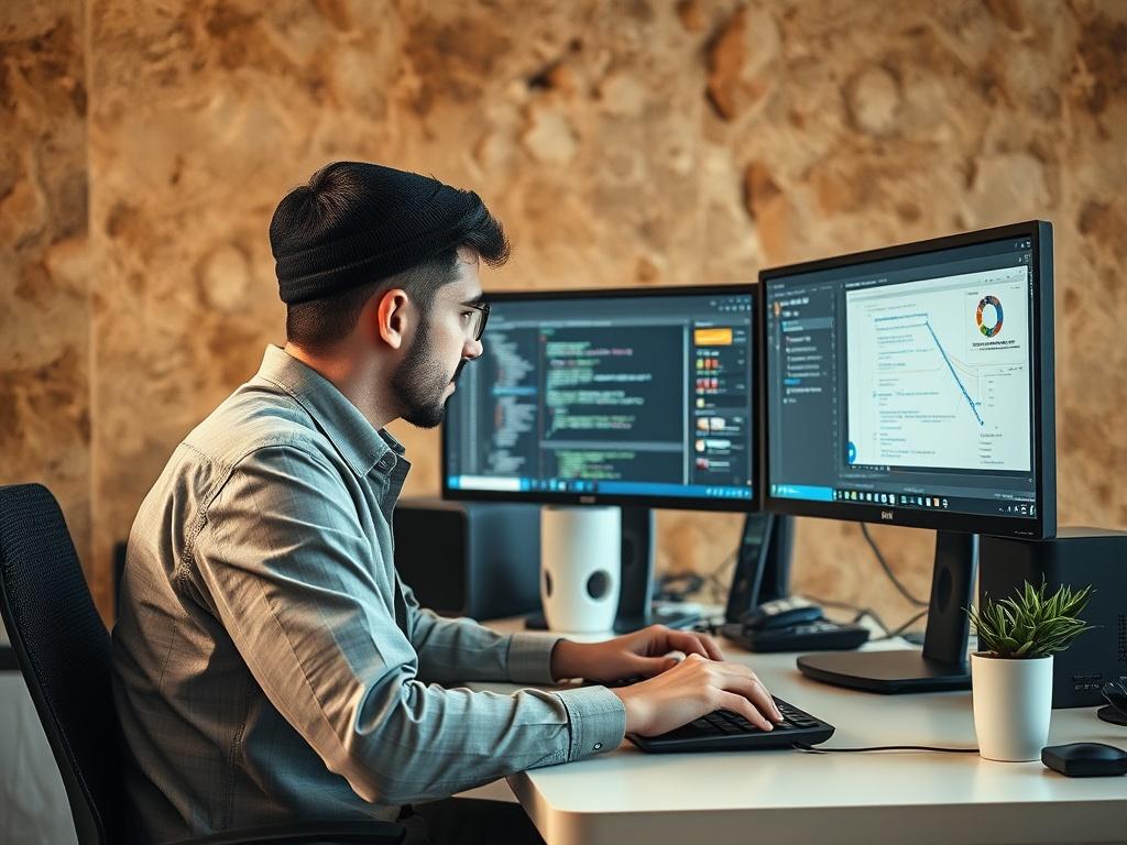 A realistic high-resolution image of a software developer working on a computer in a modern office environment, focused on creating interactive software tools for drilling safety. The scene should depict a clean and organized workspace with dual monitors displaying code and diagrams related to drilling safety applications. The background should have earthy textures and natural tones, creating a grounded aesthetic. The image should convey innovation and professionalism.