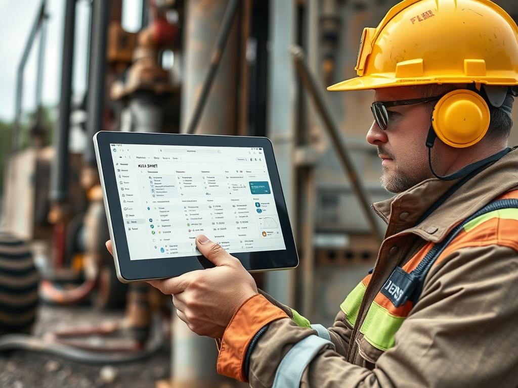 A high-resolution image of a professional driller using an electronic tablet displaying the KILL SHEET tool interface in a drilling environment. The background shows a modern drilling rig with earthy tones and natural textures, emphasizing safety and technological innovation in drilling operations. The lighting is soft and natural, creating a grounded atmosphere.