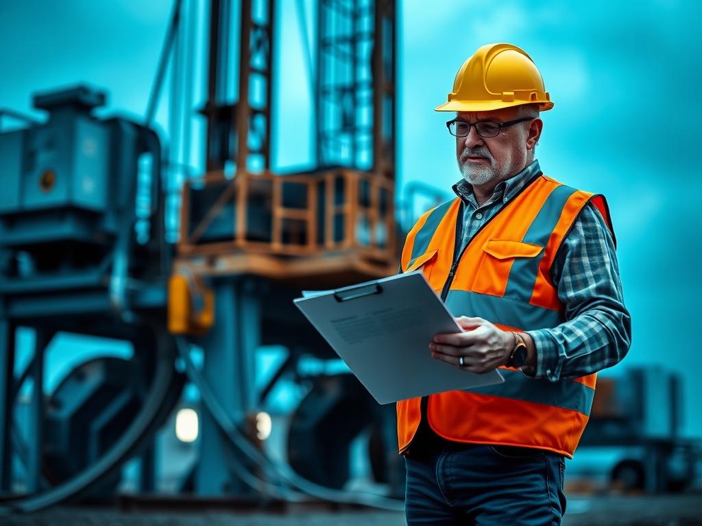 A realistic high-resolution photo of a safety consultant analyzing drilling safety procedures in an industrial setting. The consultant, a middle-aged professional wearing a safety helmet and reflective vest, is reviewing documents on a clipboard while standing next to drilling equipment. The background features a drilling rig in a cool-toned environment with shades of rich blues and soft grays, conveying a sense of professionalism and safety.