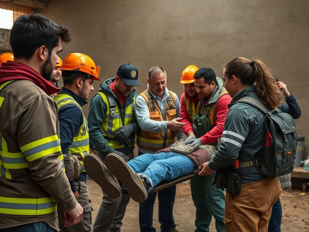 A high-resolution image of a hands-on emergency simulation workshop, showing participants actively engaged in a realistic scenario. The setting should convey an atmosphere of urgency and focus, with safety gear and realistic props used for the simulation. The participants should be diverse, reflecting teamwork and collaboration.