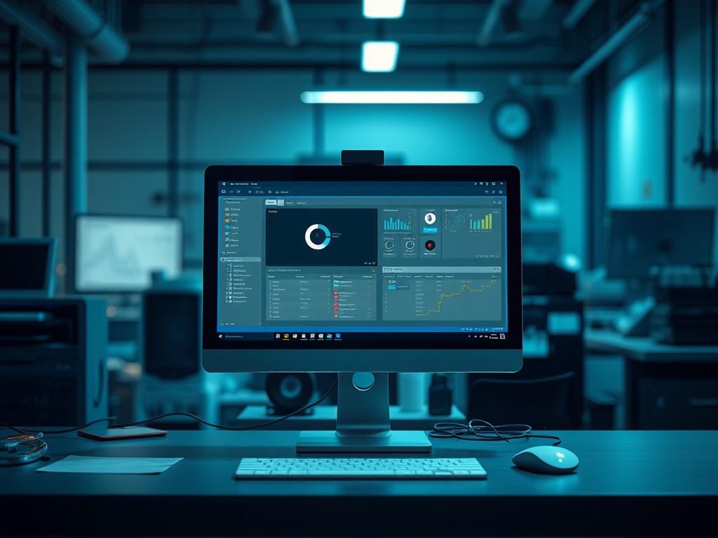 A realistic high-resolution photo of a professional workspace featuring a computer with the CIPA and SESMT tool displayed on the screen. The background shows a cool-toned environment with shades of rich blues and soft grays, creating a calm and focused atmosphere. The image should convey professionalism and safety in the workplace.