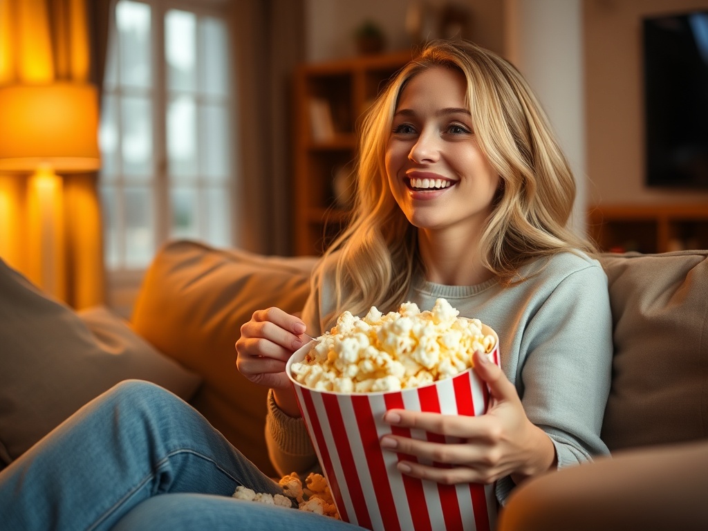 Woman enjoying popcorn while watching TV