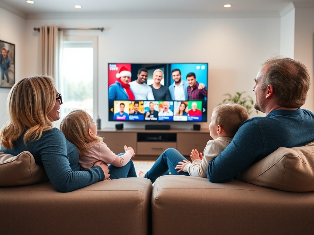 Happy family watching TV and streaming content