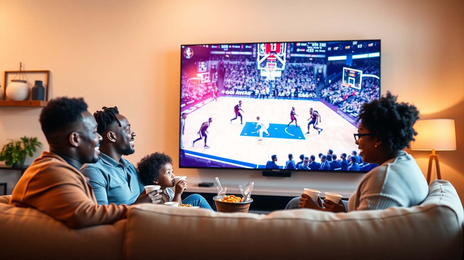 Black American family enjoying NBA game on TV