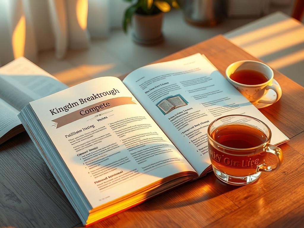 A high-resolution image of a facilitator manual titled 'Kingdom Breakthrough Complete' lying open on a cozy wooden table. Soft golden lighting illuminates the pages, showcasing engaging content and notes. A warm cup of tea sits beside the manual, and a serene background of a tranquil workspace enhances the inviting atmosphere.