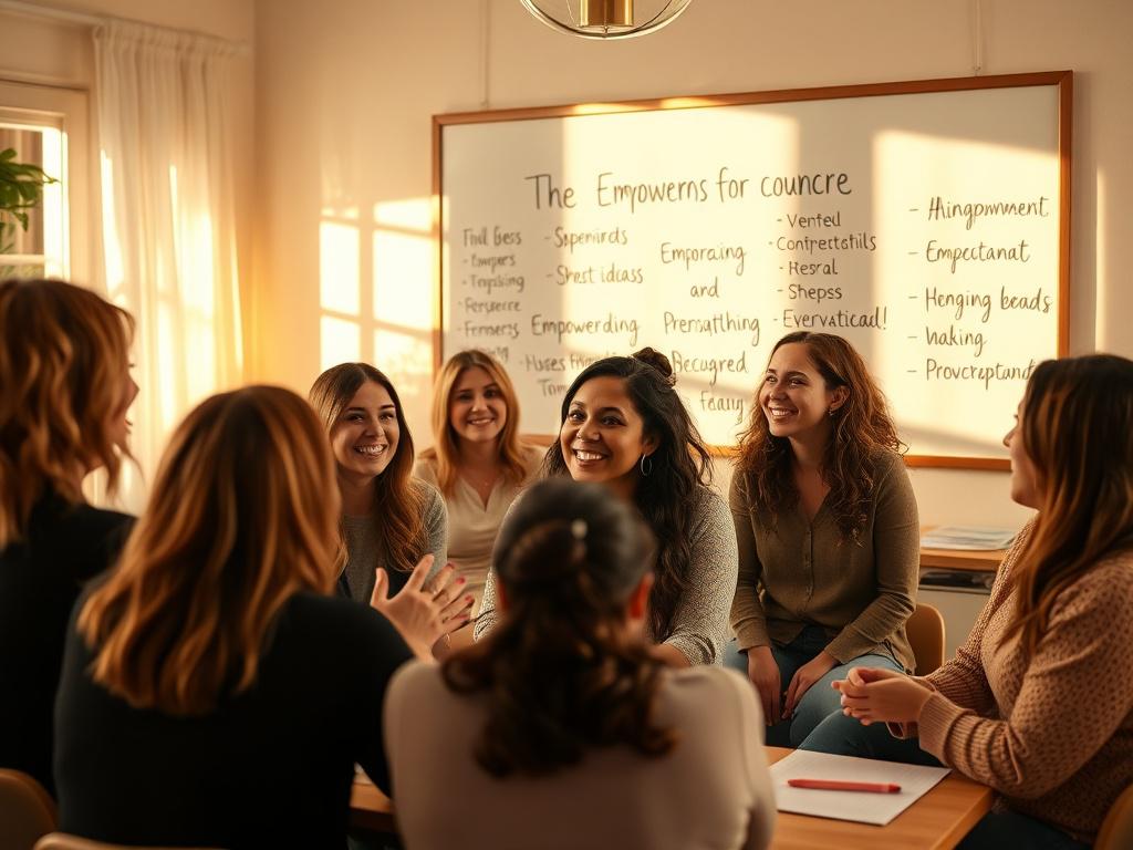 A high-resolution image depicting a group of women engaging in a lively empowerment workshop. The room is filled with soft golden light, showcasing their smiles as they participate in activities. A whiteboard in the background displays empowering words and ideas, creating an atmosphere of collaboration and support.