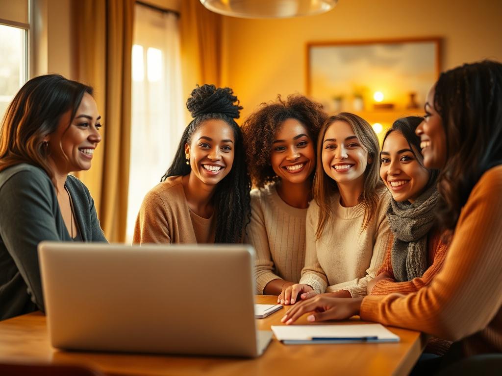 A high-resolution image of a group of diverse women smiling and collaborating in a cozy meeting space. Soft golden light bathes the room, highlighting a laptop and notes on the table. The atmosphere is warm and inviting, symbolizing connection, support, and empowerment.