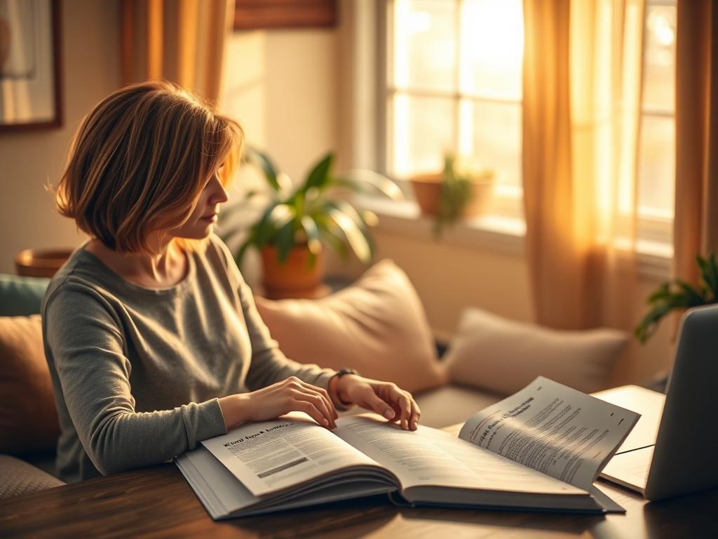 A realistic high-resolution photo of a woman sitting at a cozy desk, reviewing the Kingdom Breakthrough Complete Facilitator Manual. The setting features warm golden hues and soft lighting, with a serene atmosphere. The manual is open on the desk, showcasing its detailed pages. In the background, there are soft-focus elements like plants and a window with gentle sunlight, creating a welcoming and inspirational workspace.