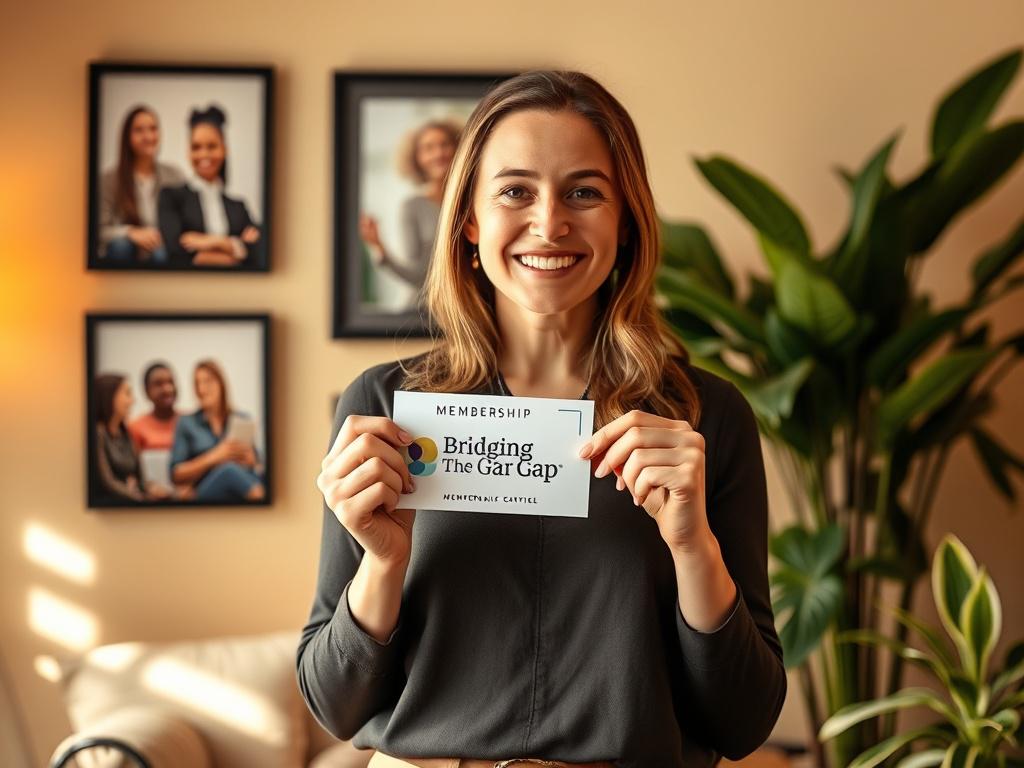 A realistic high-resolution photo of a woman smiling confidently while holding a membership card for the Bridging The Gap Network. She stands in a cozy, warmly lit environment, with golden hues surrounding her. In the background, there are subtle hints of community and collaboration, such as framed photos of women networking and vibrant plants that symbolize growth.
