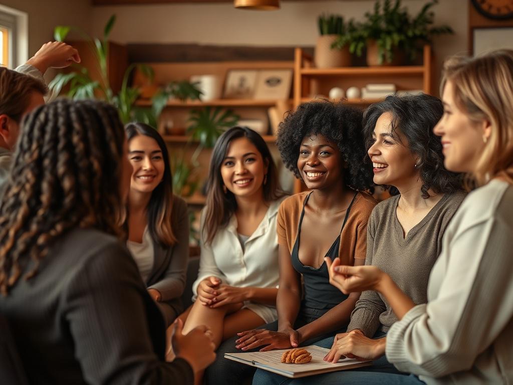 A realistic high-resolution photo of a diverse group of women engaged in a workshop setting, participating in a discussion. The atmosphere is warm and inviting, with soft lighting and golden hues. The image captures their expressions of engagement and empowerment, with a backdrop of a cozy room filled with greenery and personal development materials.