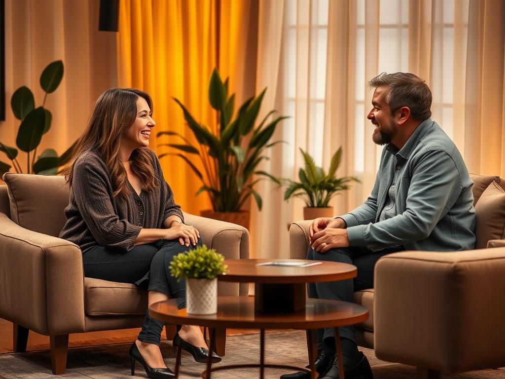 An engaging talk show set with a woman host seated across from a guest, both smiling and animatedly discussing a topic. The setting is cozy, with warm golden lighting and soft furnishings, creating an inviting atmosphere. Background elements include plants and a stylish coffee table, enhancing the intimate vibe of the conversation.