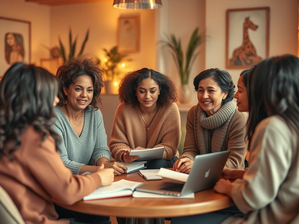 A group of women from diverse backgrounds gathered in a community space, engaged in a brainstorming session. They are sharing ideas and resources, surrounded by warm lighting and soft decor that fosters a sense of community. The atmosphere is collaborative, with notebooks and laptops open, symbolizing growth and opportunity.