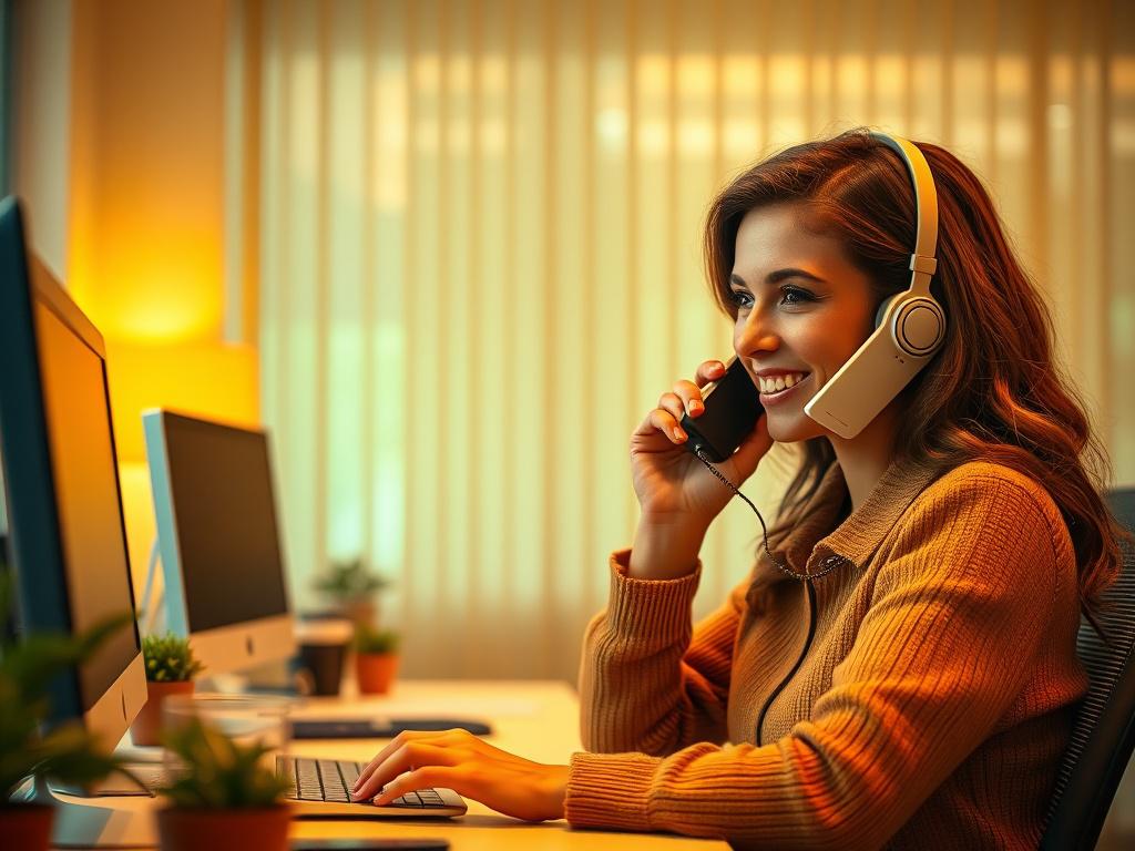 A friendly woman answering a phone call in a serene,