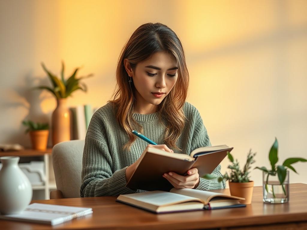 A woman thoughtfully writing in a notebook at a cozy