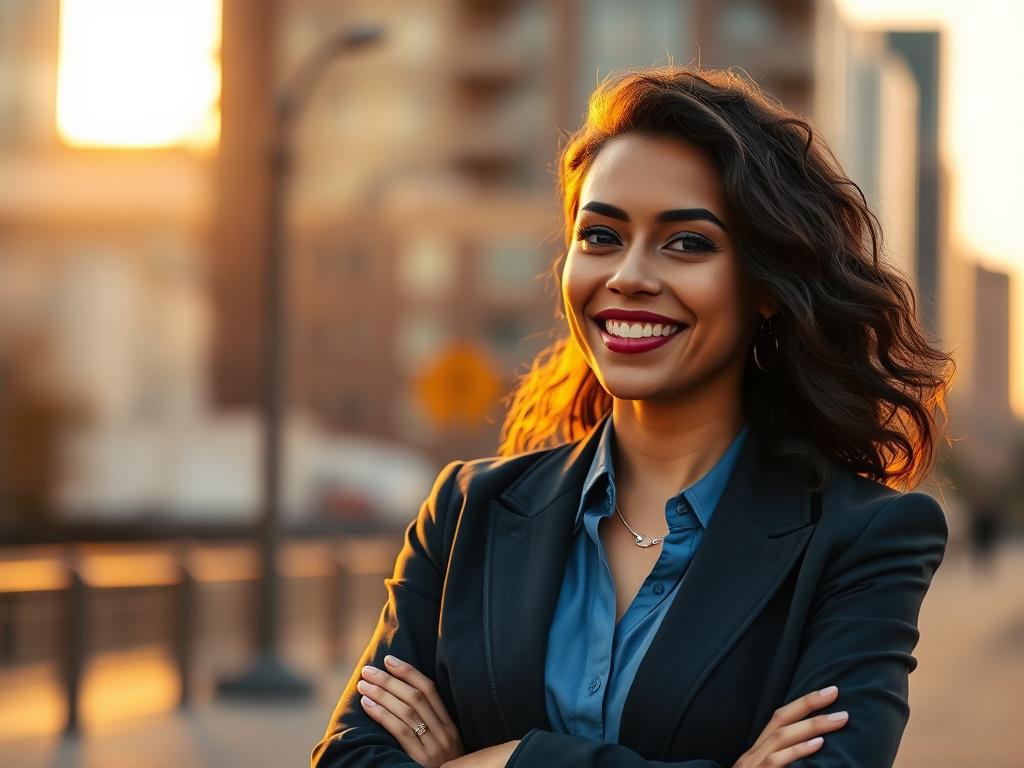 A confident woman smiling warmly, standing outdoors in soft golden light during sunset, with a serene, blurred urban background in Detroit. She wears business casual attire with subtle blue accents matching rgb(2, 86, 197). The composition is simple and clear, focusing on her empowered expression and poised stance.