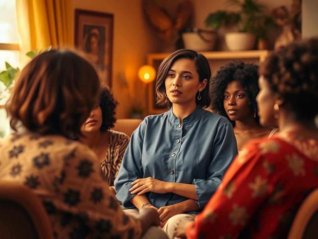 A diverse group of women in a cozy, softly lit room with golden hues, engaged in a meaningful discussion. The focus is on a central woman speaking confidently, wearing a blue blouse matching rgb(2, 86, 197). The background shows warm, inviting decor, representing community and empowerment.