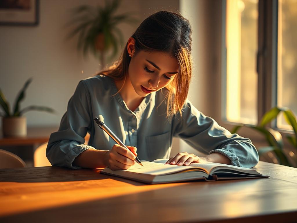A focused woman writing notes in a journal at a wooden desk bathed in soft, golden light. She wears a blue shirt with shades matching rgb(2, 86, 197). The background is serene, with subtle plants and a window letting in warm natural light, symbolizing growth and reflection.