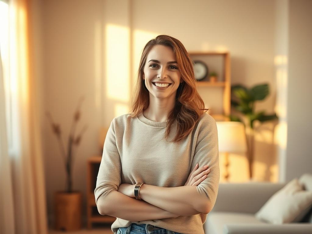 A realistic, high-resolution photo of a confident woman standing in a cozy, softly lit room with golden hues. She is smiling warmly, symbolizing empowerment and support. The background is serene and uncluttered, with soft lighting that highlights her positive energy. The composition is simple, focusing solely on her as the subject, with color tones harmonizing with rgb(2, 86, 197) primary color.