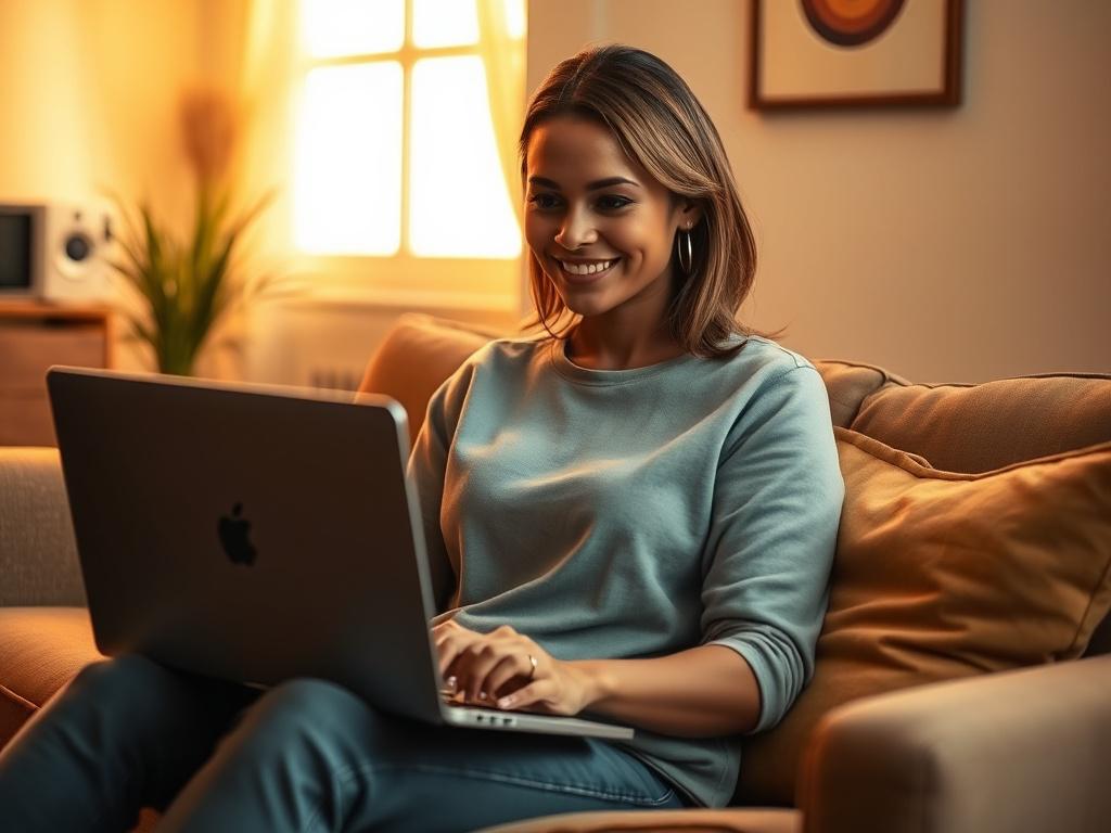 A single confident woman sitting comfortably in a cozy, softly lit room with golden hues. She is focused, smiling gently, working on a laptop with a serene expression. The background is simple and uncluttered, with warm tones that complement the rgb(2, 86, 197) primary color subtly reflected in the environment. The composition is clear, emphasizing empowerment, focus, and calm determination.