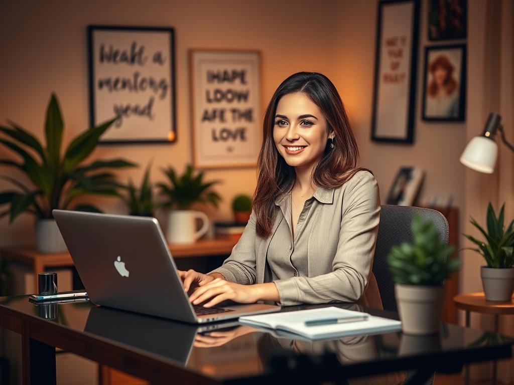 A high-resolution photo of a confident woman entrepreneur sitting at a desk, engaging in a mentoring session via laptop. The setting is cozy with warm golden hues and soft lighting, creating a serene atmosphere. The background shows a tidy home office with plants and motivational decor, compatible with rgb(2, 86, 197) primary color.