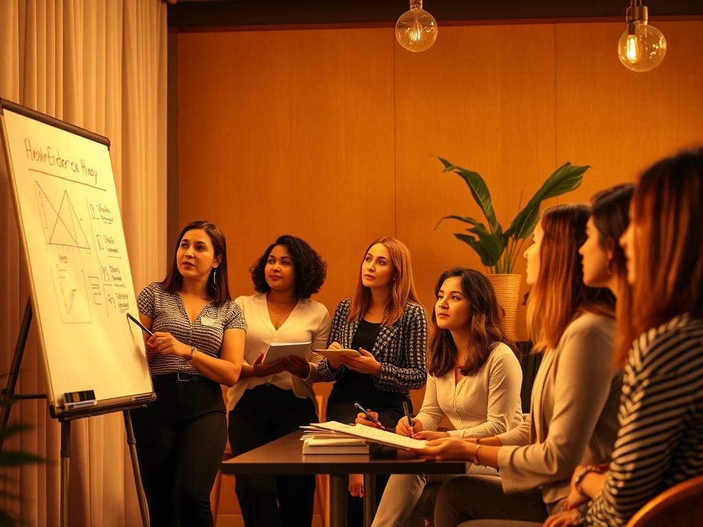 A realistic high-resolution image of a diverse group of women attentively participating in a business workshop. The setting features warm golden lighting with a cozy ambiance. The focus is on a female instructor demonstrating concepts on a whiteboard, with engaged attendees taking notes, all harmonizing with rgb(2, 86, 197) primary color.
