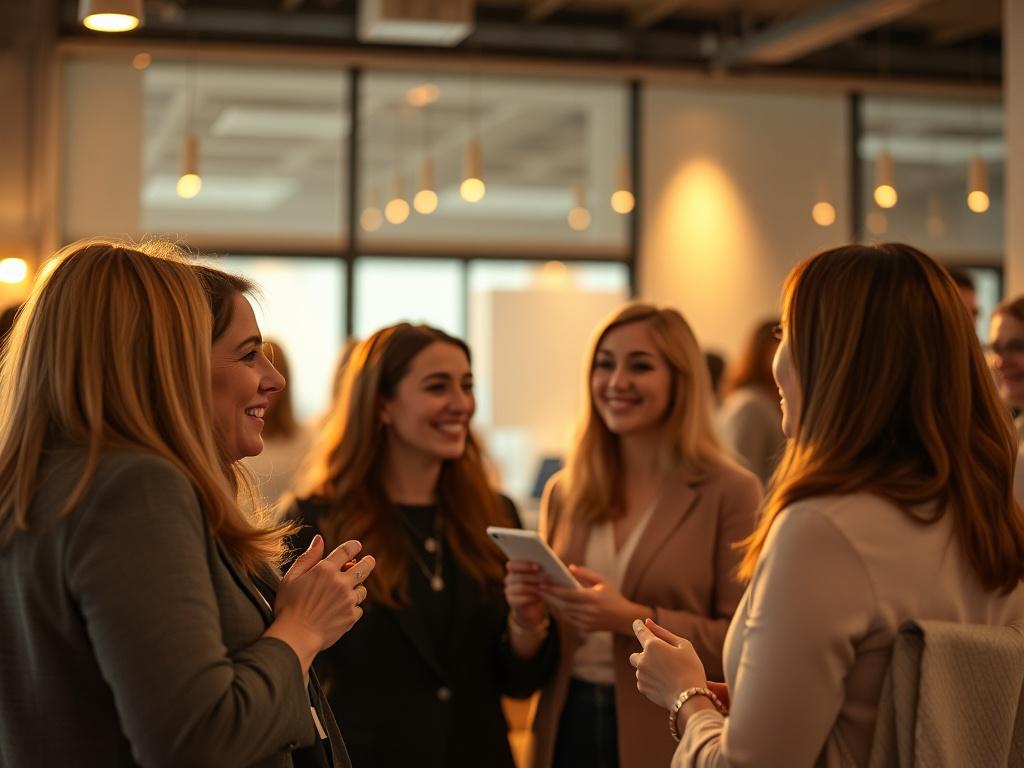 A high-resolution photo capturing a warm networking event with women entrepreneurs engaging in conversation. The image conveys a cozy and inviting atmosphere with golden hues and soft lighting. The background features a modern meeting space with subtle accents of rgb(2, 86, 197) primary color, focusing on genuine interaction among participants.