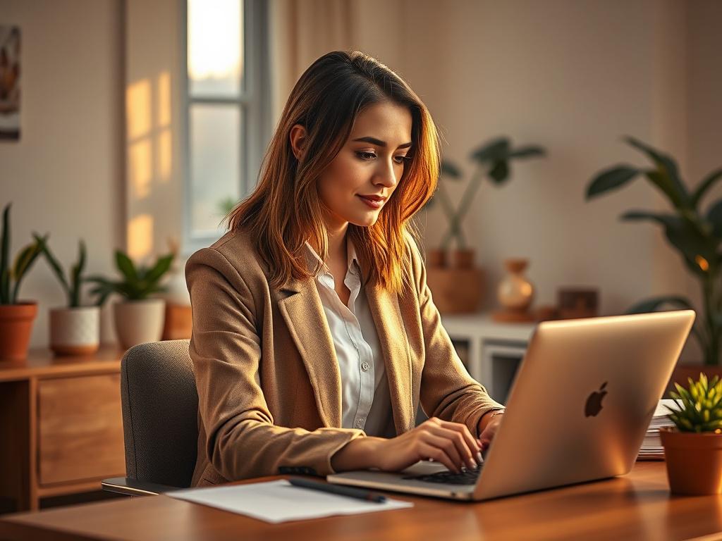 Create a realistic high-resolution photo of a confident woman entrepreneur seated at a clean, cozy workspace bathed in soft golden light. She is mid-30s, dressed in smart casual attire in colors that subtly complement rgb(50, 170, 39), exuding focus and determination as she reviews notes or types thoughtfully on a laptop. The background features a serene home office with warm wooden elements, potted plants, and a hint of natural light filtering through a window, creating a calm and inspiring atmosphere. The