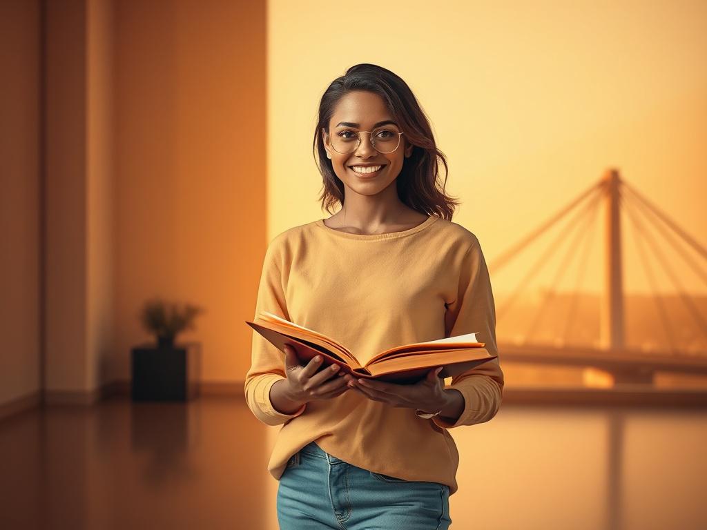 A confident woman standing in a warmly lit room with soft golden hues, holding an open book symbolizing knowledge and empowerment. The background is serene and simple, with a hint of a bridge structure symbolizing connection and support, rendered in cozy, golden tones compatible with rgb(2, 86, 197). The composition is focused and clear, emphasizing empowerment and education.
