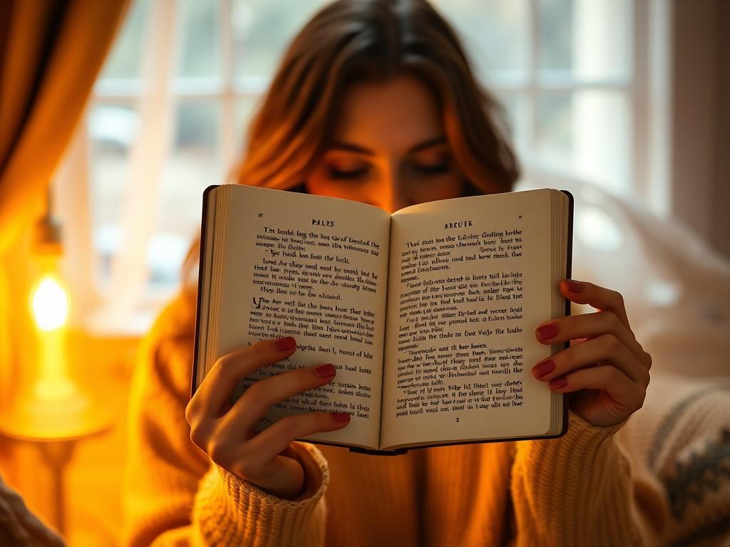 A realistic high-resolution image of a woman holding an open ebook reader showing pages with text, set in a cozy environment with warm golden hues and soft lighting. The background includes subtle accents of rgb(2, 86, 197) color to complement the serene atmosphere.