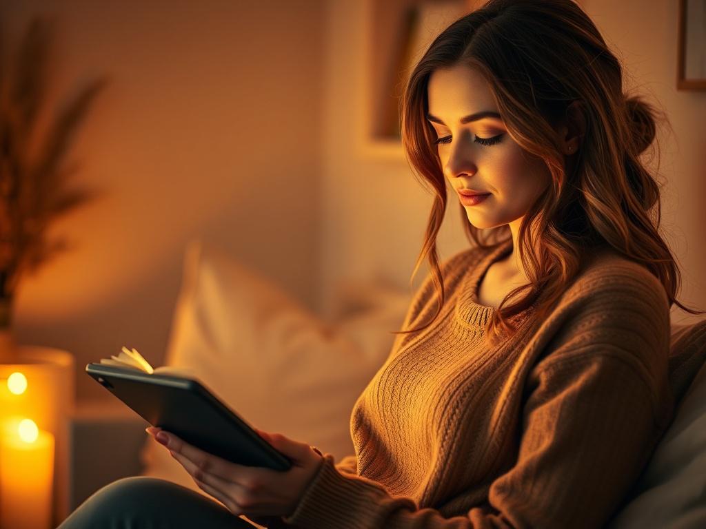 A focused woman reading an ebook on a tablet in a cozy indoor setting with warm golden lighting. The background is simple, featuring soft, neutral colors with hints of rgb(2, 86, 197) in the decor, creating a calm and inviting atmosphere.