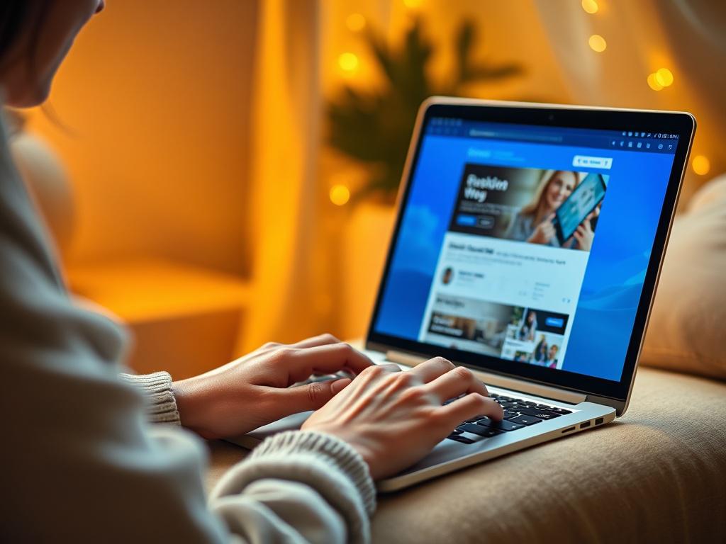 A realistic high-resolution photo of a woman using a laptop in a cozy, softly lit room with golden hues. The laptop screen displays a vibrant, engaging website interface with blue (rgb(2, 86, 197)) highlights. The atmosphere is serene and focused, symbolizing connection and opportunity. The composition centers on the woman’s hands and the laptop screen, capturing a moment of active engagement.