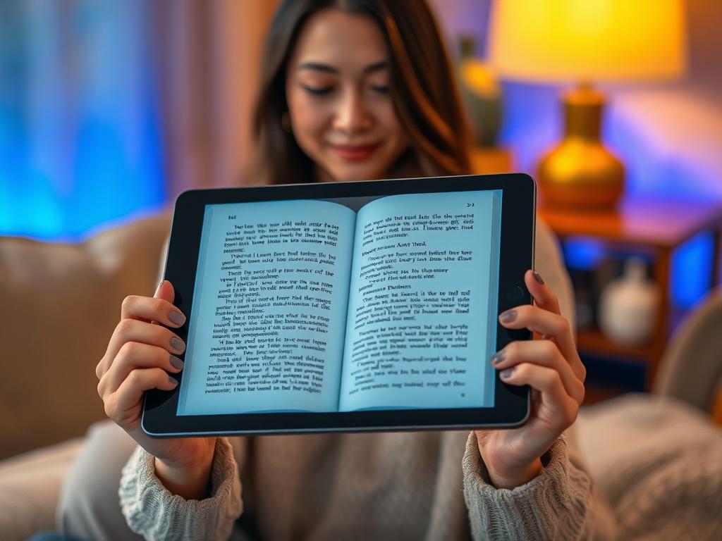 A realistic high-resolution image of an open ebook displayed on a sleek tablet held by a woman in a cozy, softly lit room with warm, golden hues. The background shows a serene and inviting atmosphere with hints of blue (rgb(2, 86, 197)) accents, emphasizing focus and empowerment. The composition highlights clarity and accessibility, inviting viewers to engage with the content.