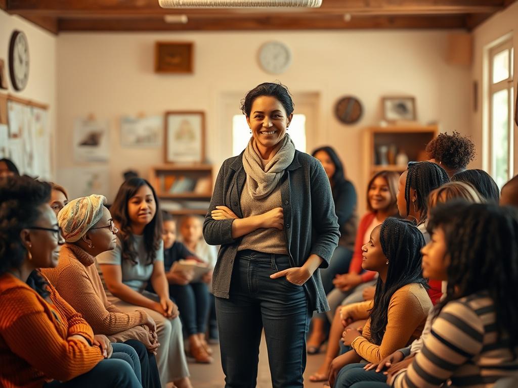 A realistic high-resolution photo of a confident woman leader standing in a warmly lit community center, engaging with a diverse group of women and youth. The setting is cozy with golden hues and soft lighting, evoking a serene and hopeful atmosphere. The woman is positioned centrally, symbolizing leadership and empowerment. Background elements include subtle educational materials and supportive symbols, all harmonizing with a primary color of rgb(2, 86, 197).