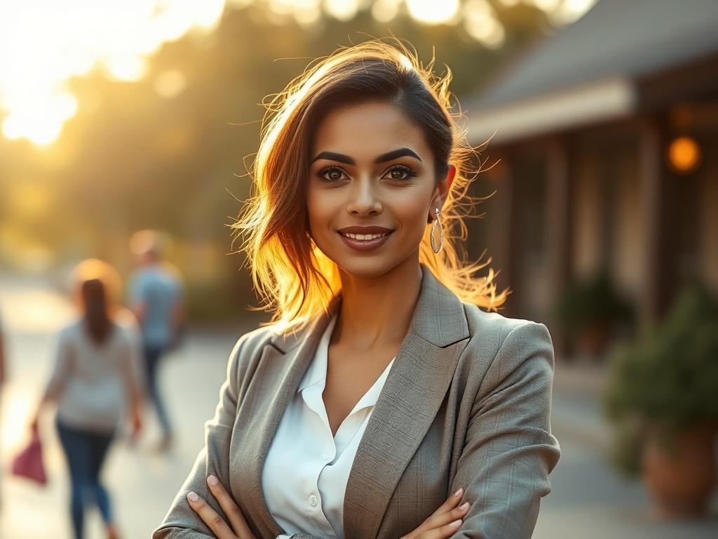 A single confident woman standing outdoors in a serene community setting, bathed in cozy golden light with soft shadows, wearing professional attire that subtly incorporates the rgb(2, 86, 197) blue color. The background is softly blurred to emphasize the subject, evoking a sense of hope and empowerment.