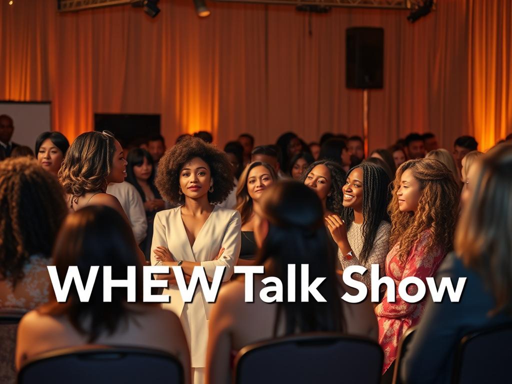 A lively event scene showcasing a diverse group of women and men engaged in a discussion on stage during the WHEW Talk Show season finale. The atmosphere is vibrant with soft golden lighting, and the audience is captivated, reflecting a sense of unity and empowerment.