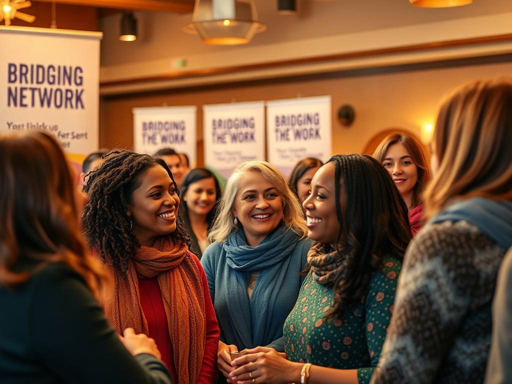 A group of diverse women smiling and engaging with each other at a community event, surrounded by warm golden lighting. The setting includes banners promoting the Bridging The Gap Network. The atmosphere is one of collaboration and support, highlighting the importance of shared goals and community engagement.